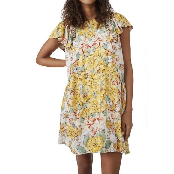 Free People Yara Floral Printed Peasant Flutter Sleeve Mini Dress Size Large NWT - Picture 2 of 15
